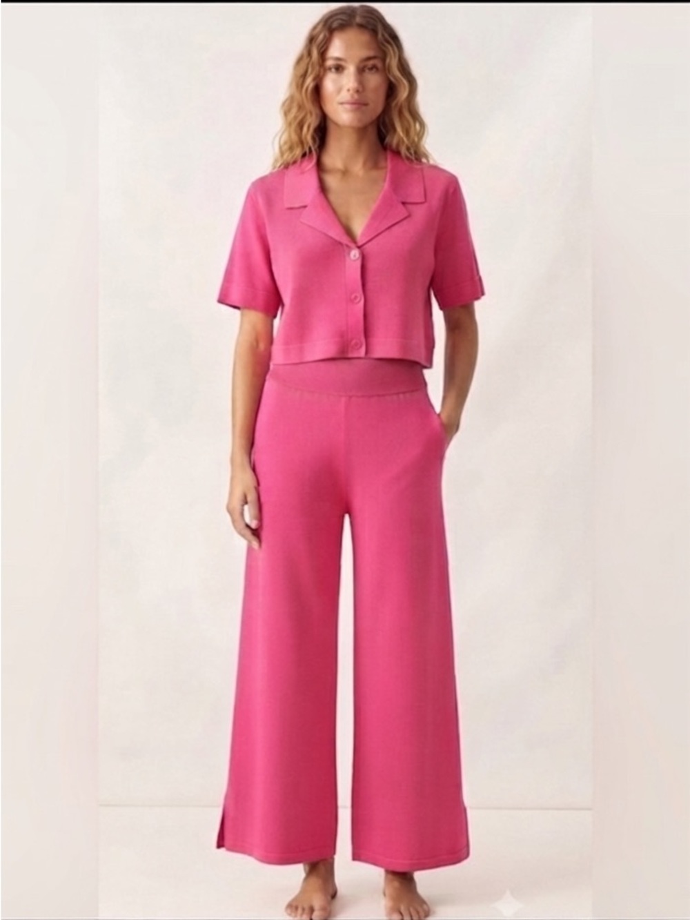 Endless Rose Hot Pink Pants Set with Cropped Button-Down Shirt